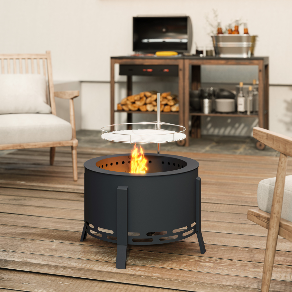 Outsunny Portable Fire Pit, 58 cm Round Firepit with Grill Grate, Black