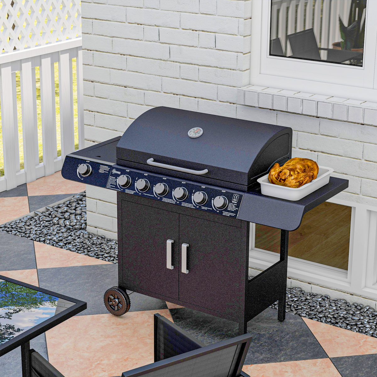 Outsunny 6+1 Burner Gas BBQ Grill Garden Barbecue with Wheels, Cabinet