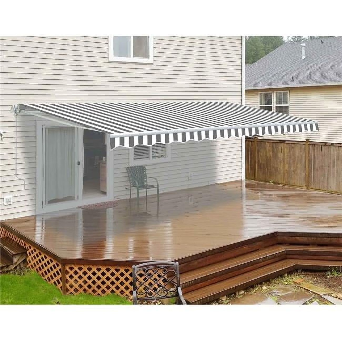 Go-for-Gold 10' x 8' White and Grey Striped Motorized Retractable Patio Awning, UV Resistant