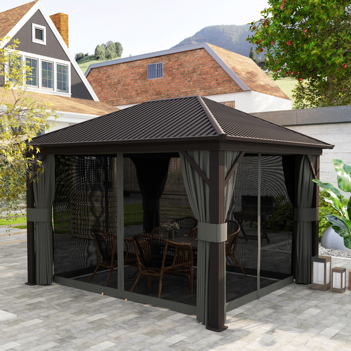 Outsunny 3.6 x 3(m) Metal Garden Hardtop Gazebo with Screened Curtain Dark Grey