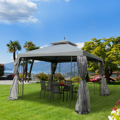 3 x 3(m) Garden Gazebo Double Top Gazebo Canopy w/ Curtains Grey Outsunny