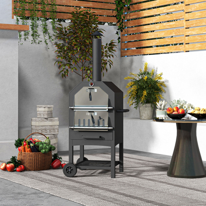 Outsunny Outdoor Pizza Oven Charcoal Grill with Rain Cover, Shelf and Wheels