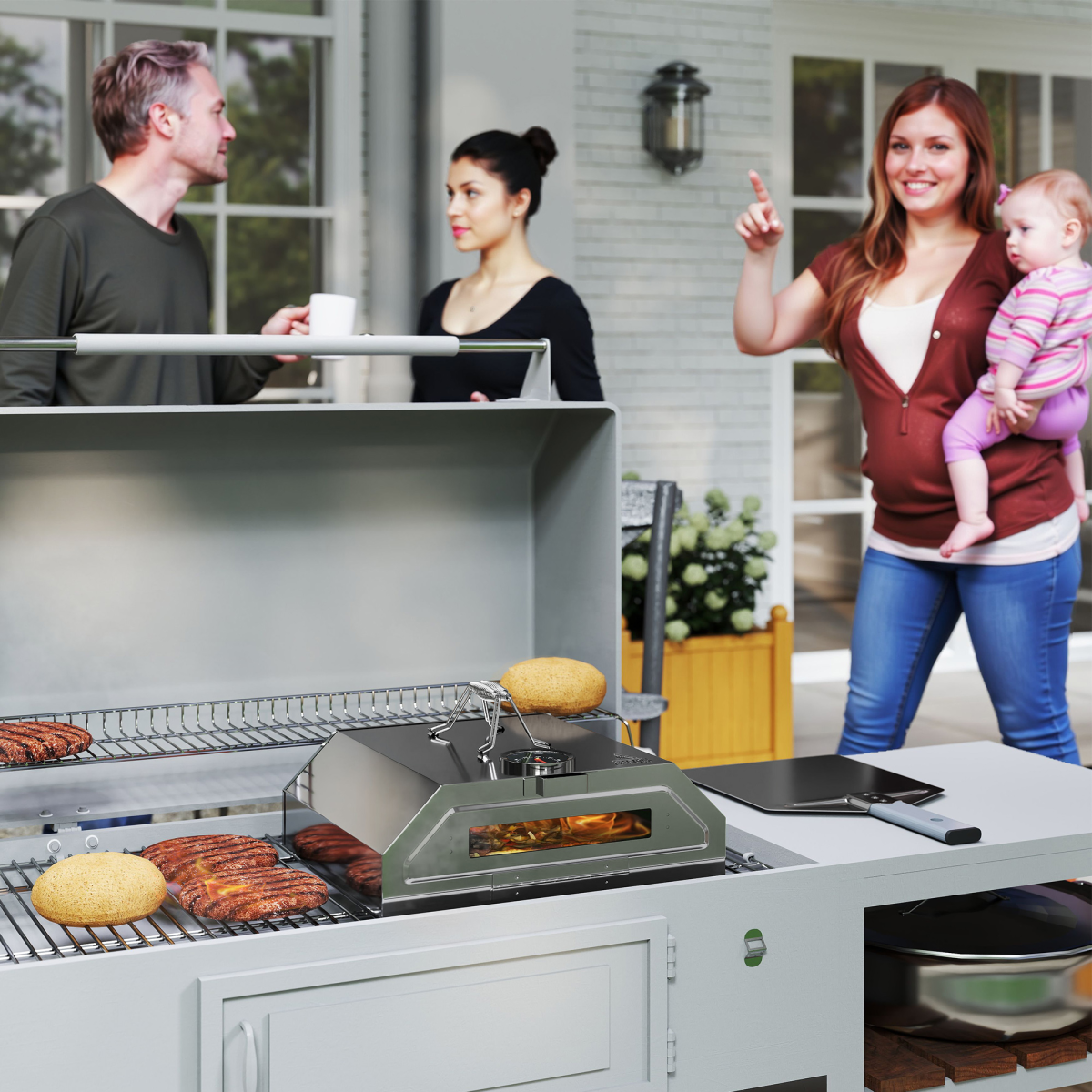 Outsunny Outdoor BBQ Pizza Oven with Thermometer for Gas/Charcoal BBQ Grills