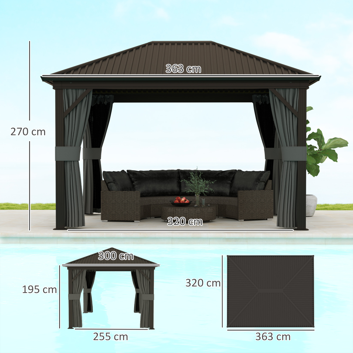Outsunny 3.6 x 3(m) Metal Garden Hardtop Gazebo with Screened Curtain Dark Grey