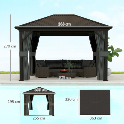 Outsunny 3.6 x 3(m) Metal Garden Hardtop Gazebo with Screened Curtain Dark Grey