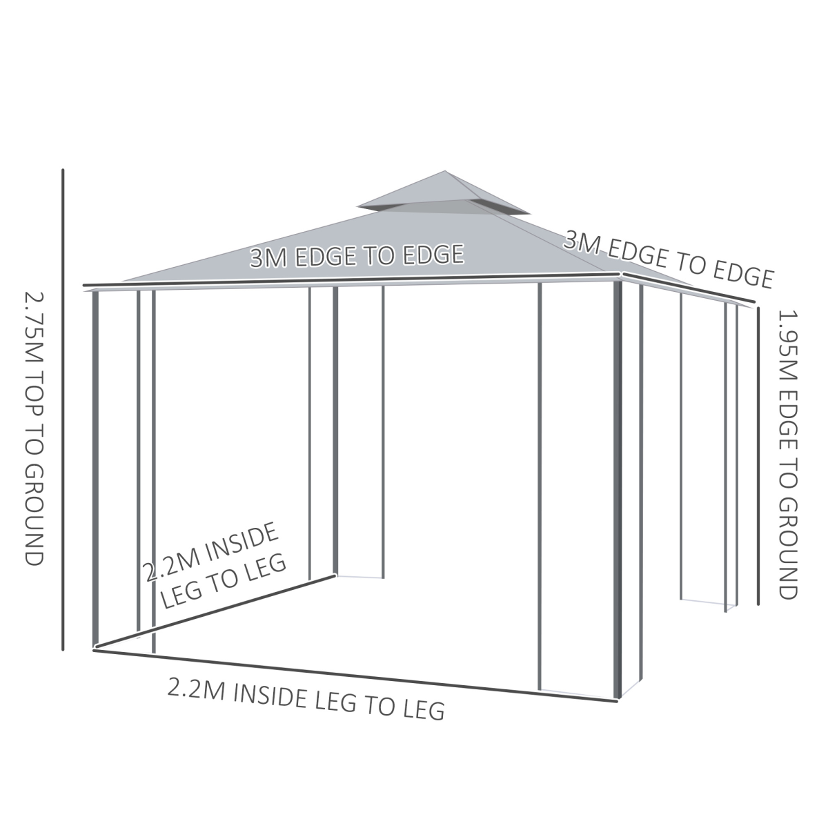 3 x 3(m) Garden Gazebo Double Top Gazebo Canopy w/ Curtains Grey Outsunny