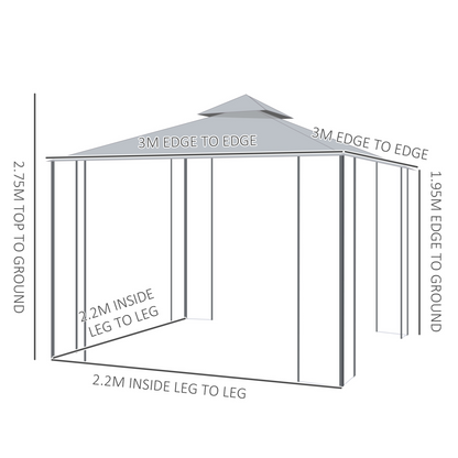 3 x 3(m) Garden Gazebo Double Top Gazebo Canopy w/ Curtains Grey Outsunny