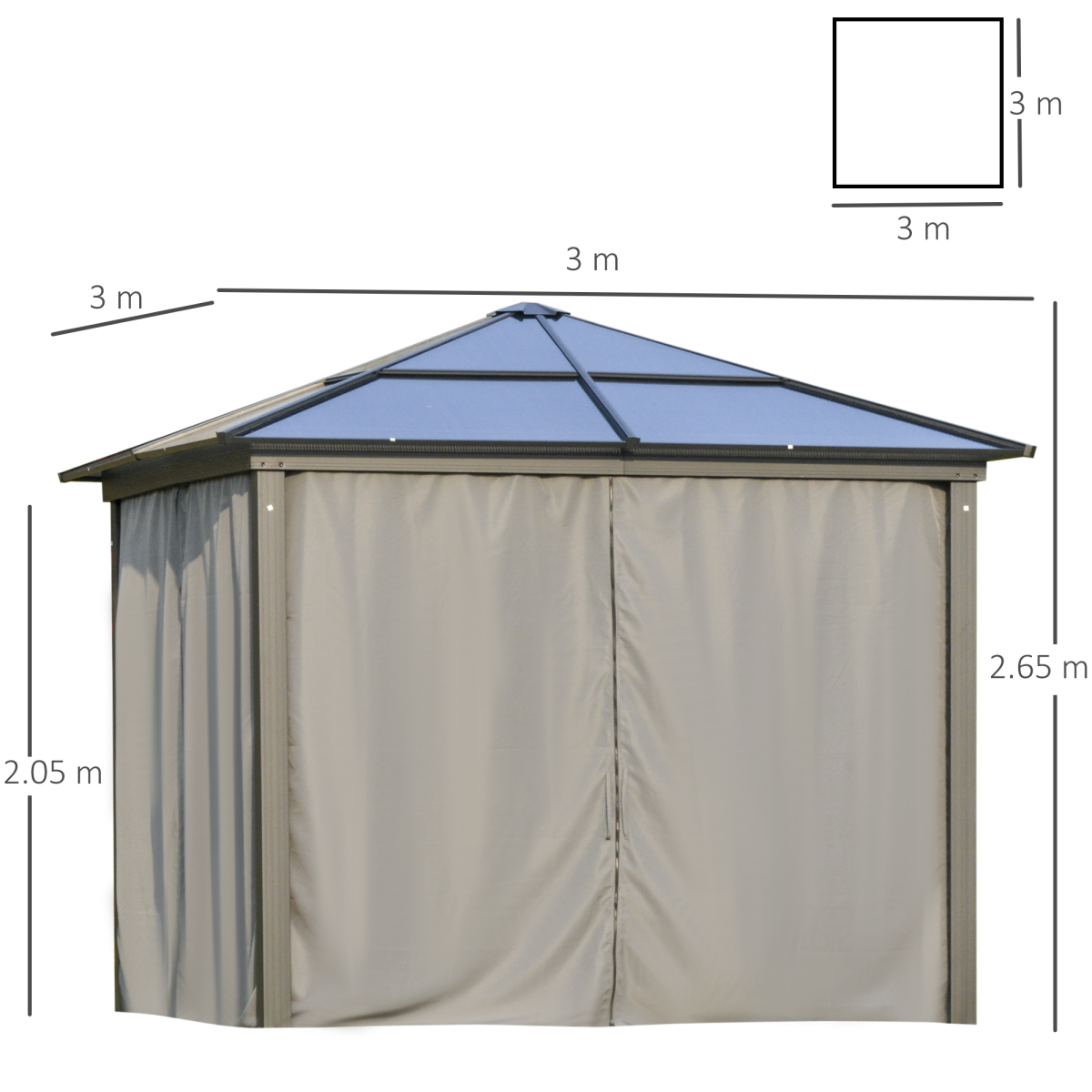 PC Aluminium Hardtop Gazebo with Curtains and Netting 3 x 3m