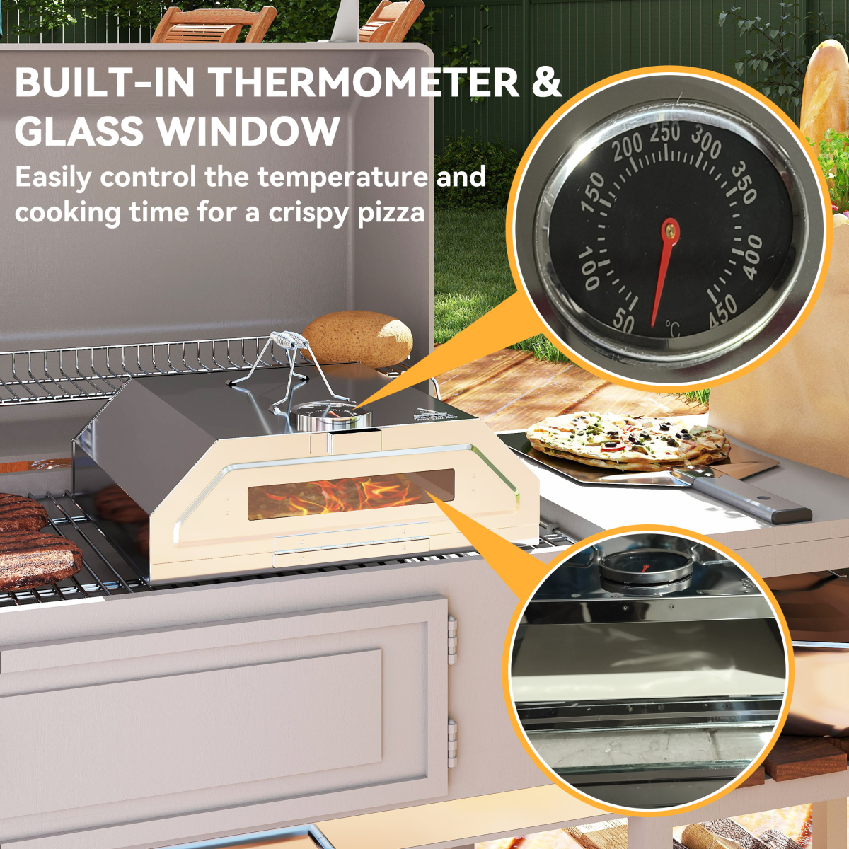Outsunny Outdoor BBQ Pizza Oven with Thermometer for Gas/Charcoal BBQ Grills
