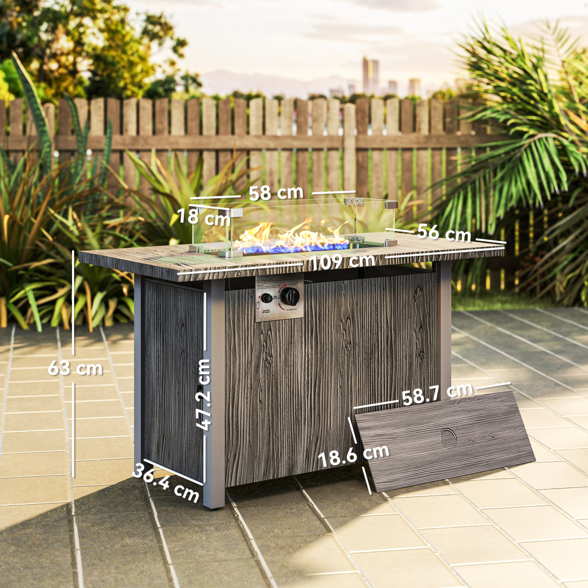 Outsunny Gas Fire Pit Table with 50,000 BTU Burner, Cover, Dark Grey