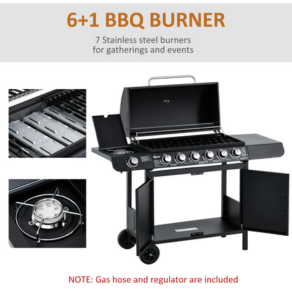 Outsunny 6+1 Burner Gas BBQ Grill Garden Barbecue with Wheels, Cabinet