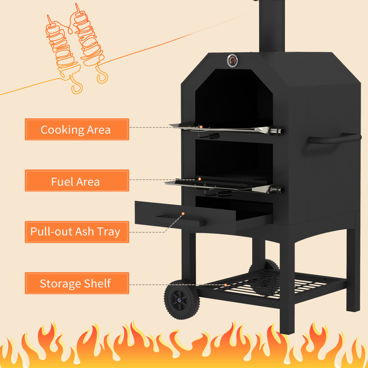 Outsunny Outdoor Pizza Oven Charcoal Grill with Rain Cover, Shelf and Wheels