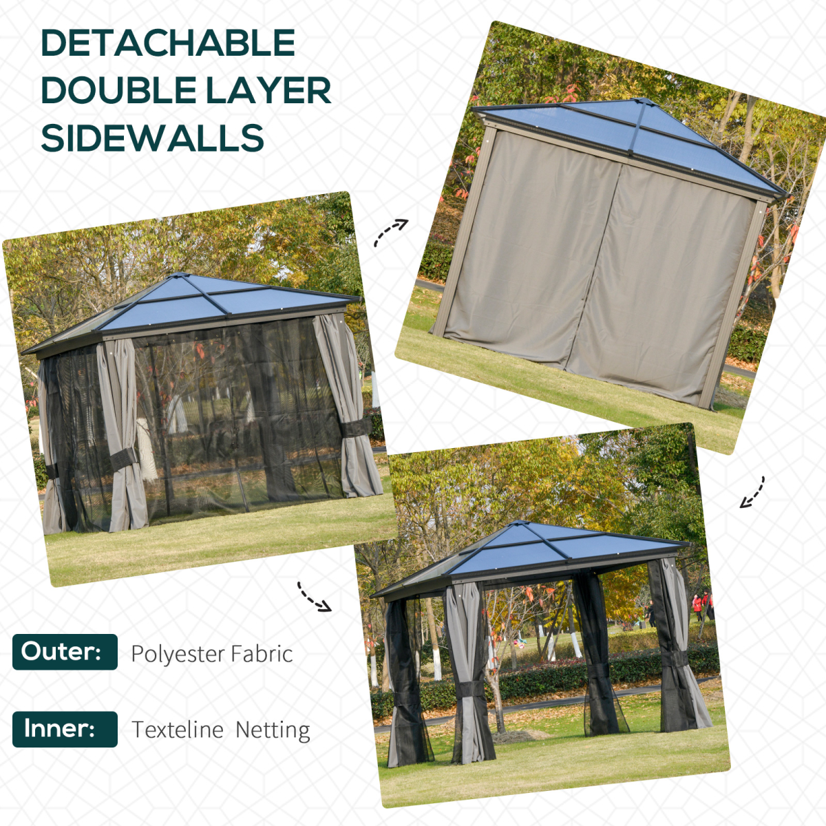 PC Aluminium Hardtop Gazebo with Curtains and Netting 3 x 3m
