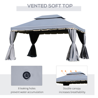 3 x 4m Aluminium Gazebo with 2 Tiers Roof Garden Nets Sidewalls - Grey