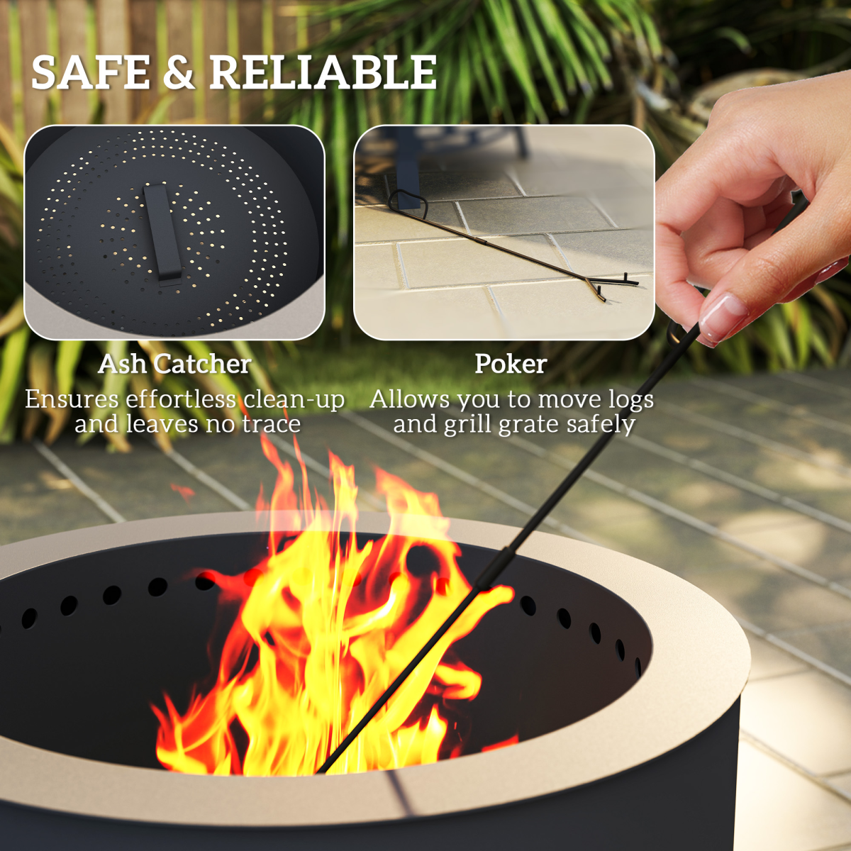 Outsunny Portable Fire Pit, 58 cm Round Firepit with Grill Grate, Black
