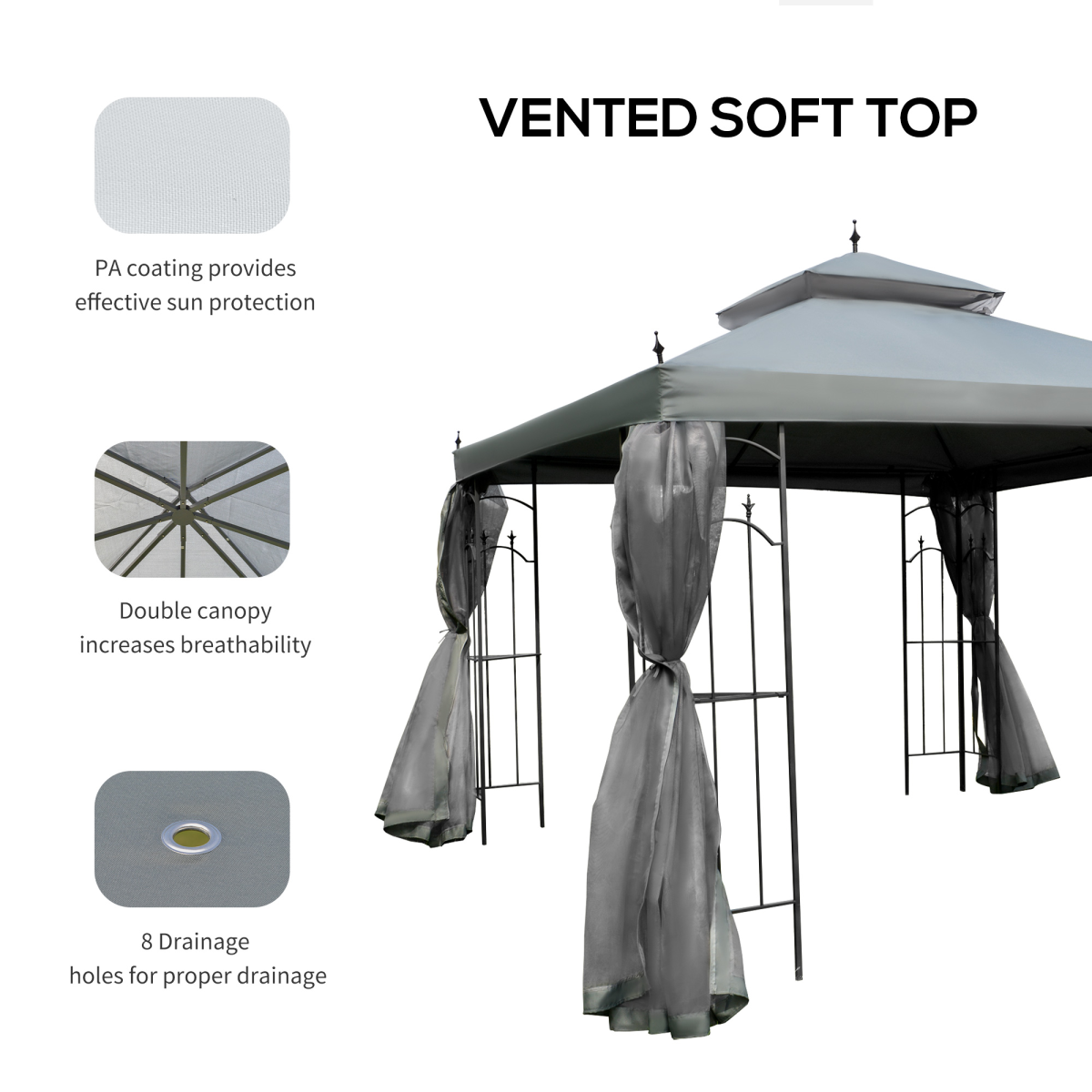 3 x 3(m) Garden Gazebo Double Top Gazebo Canopy w/ Curtains Grey Outsunny