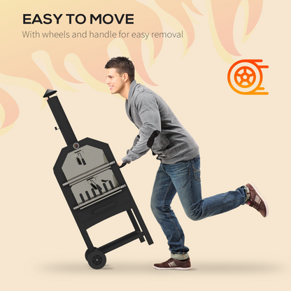 Outsunny Outdoor Pizza Oven Charcoal Grill with Rain Cover, Shelf and Wheels