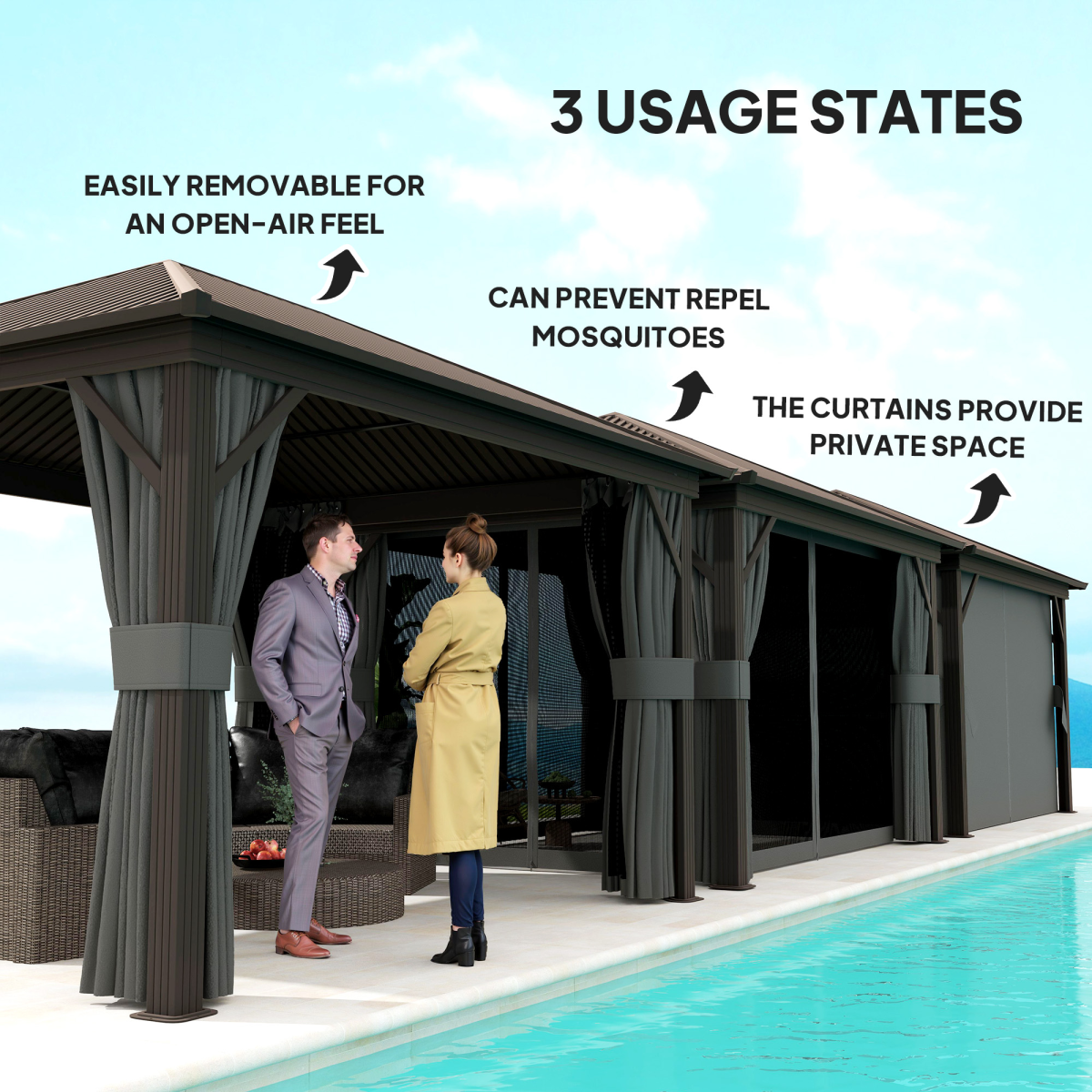 Outsunny 3.6 x 3(m) Metal Garden Hardtop Gazebo with Screened Curtain Dark Grey