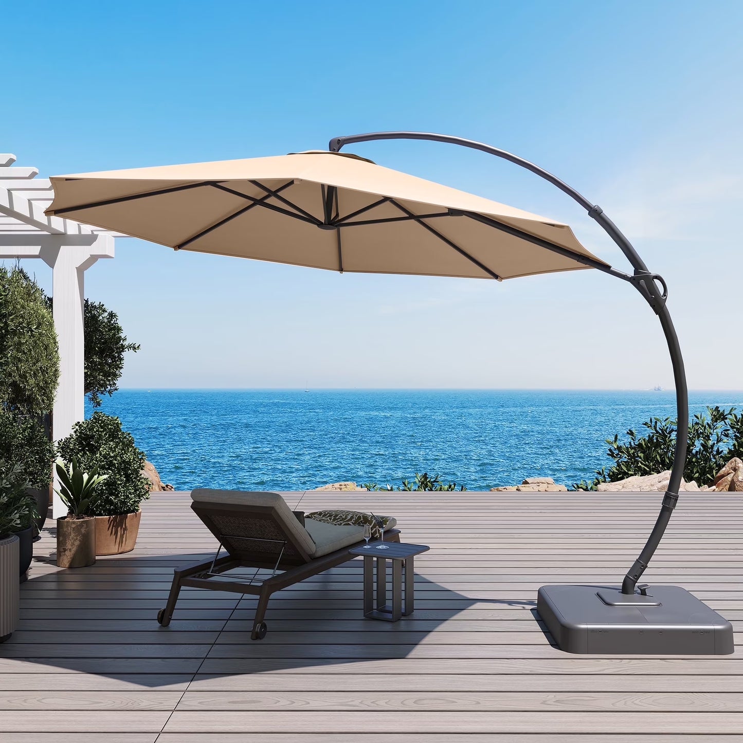 LAUSAINT HOME 11FT Patio Umbrella with Base, Outdoor Deluxe Curvy Cantilever Umbrella for Patio Pool Deck, Champagne