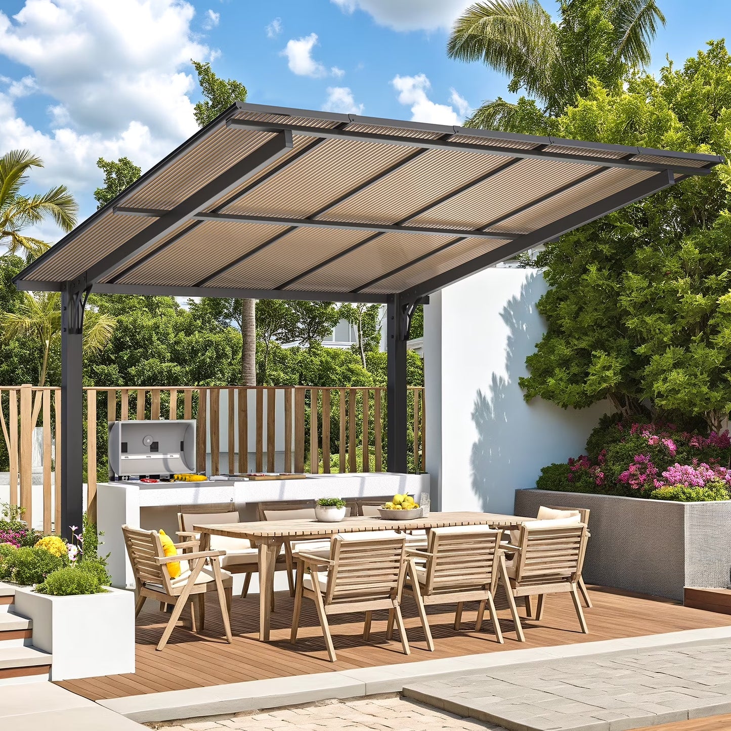 AECOJOY 10'x10' Gazebo, Outdoor Wall Mounted Hardtop Gazebo & Pergola with Aluminum Frame for Patio, Porch and Backyard in Black
