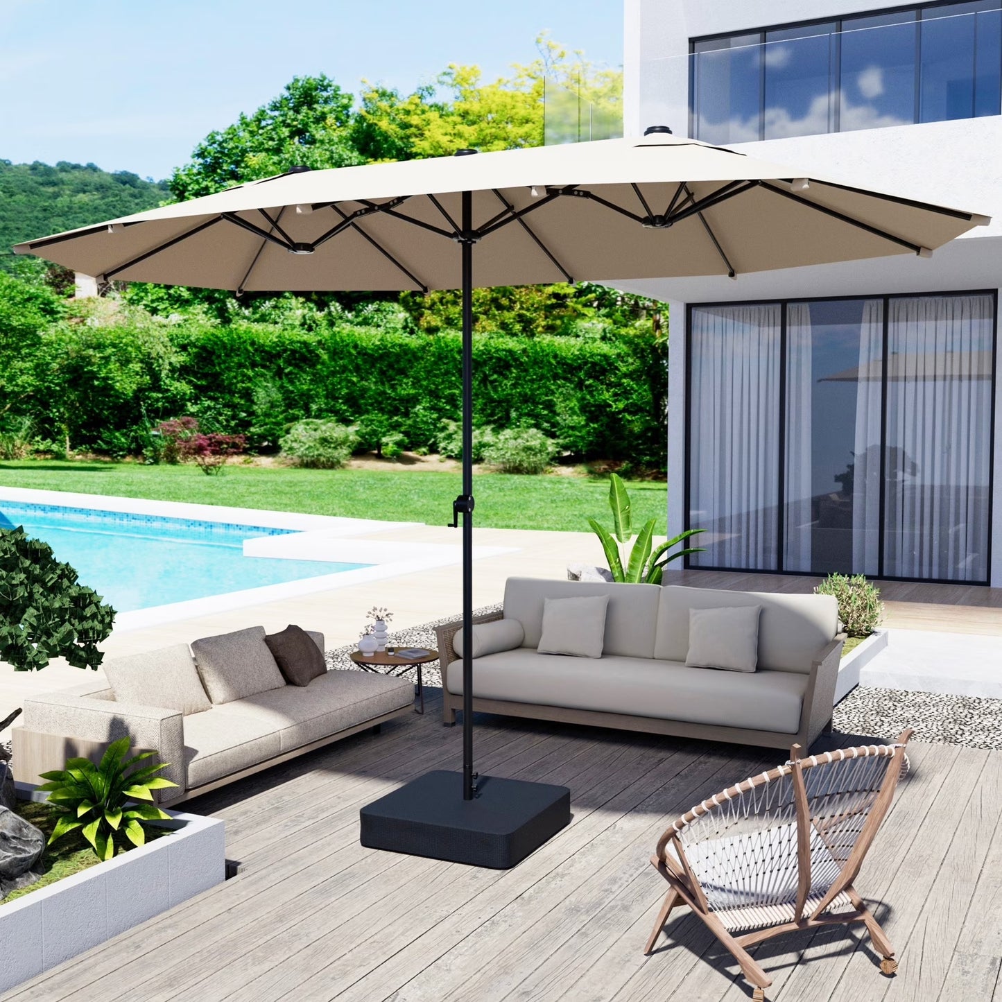 15ft Large Patio Umbrella with Base Included, Outdoor Double-Side Rectangular Umbrella for Deck, Market, Ourside, Beige