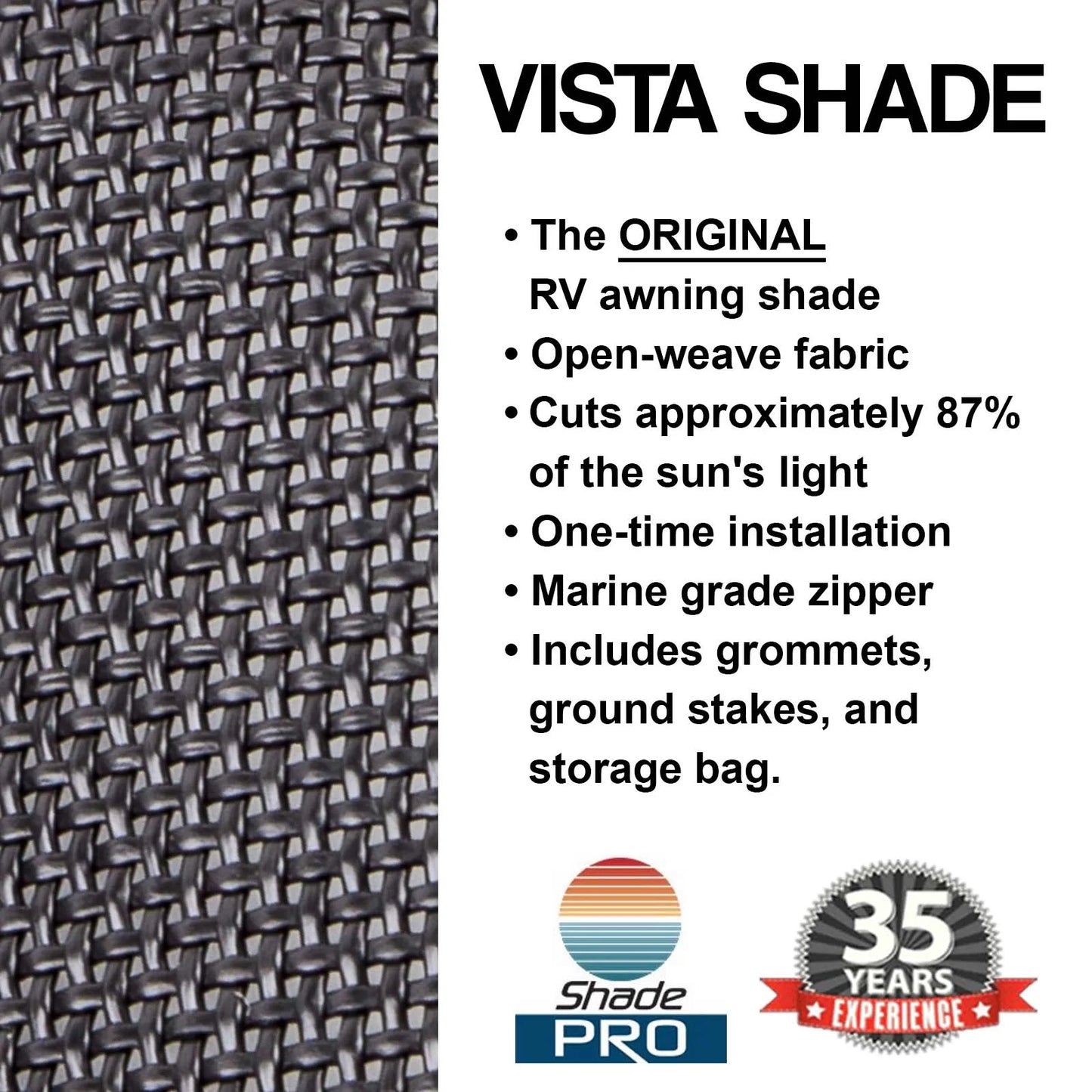 Shade Pro - Vista Shade - Solar Mesh Sunscreen for 12V Electric RV Awning - Zipper Sun Shade Blocks 85% of Light Without Blocking Your View - Fits Vertical Arm Style Awnings 13' Brown, 7' Drop