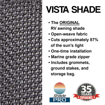Shade Pro - Vista Shade - Solar Mesh Sunscreen for 12V Electric RV Awning - Zipper Sun Shade Blocks 85% of Light Without Blocking Your View - Fits Vertical Arm Style Awnings 13' Brown, 7' Drop