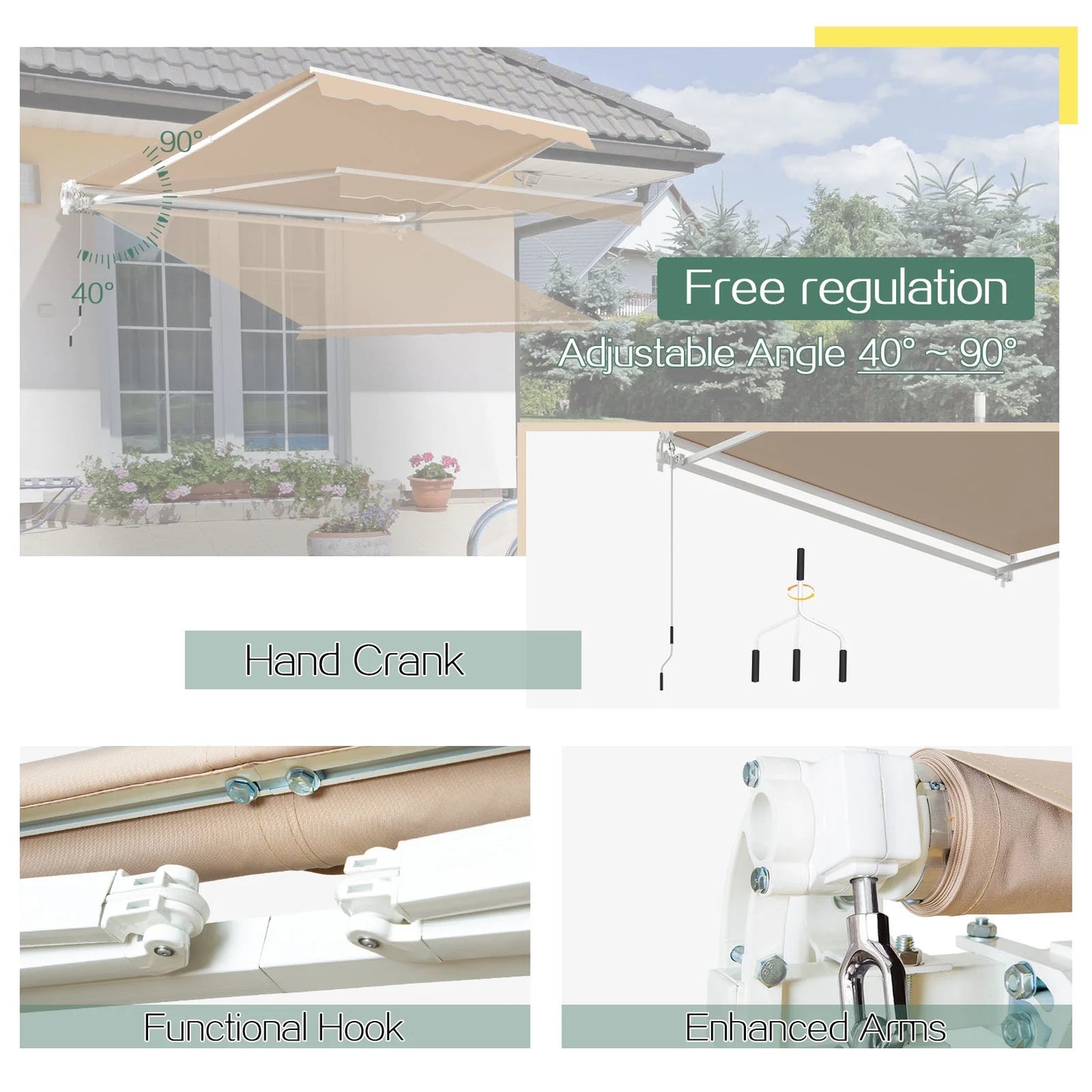 AECOJOY 8' x 10' Manual Retractable Patio Awning,Outdoor Awning Retractable Sunshade Shelter-Beige