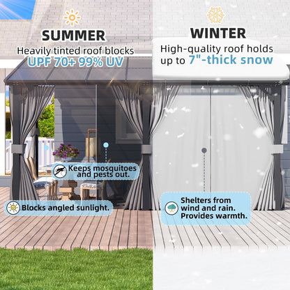 AECOJOY 14' x 10' Lean to Gazebo with Netting and Curtain Outdoor Hardtop Gazebo Aluminum Metal Pergola For Garden, Patio, Backyard-Dark Gray