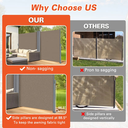NAWAY 71'' x 236'' Retractable Side Awning, 280 GSM Retractable Folding Privacy Screen Waterproof & UV-Resistant Privacy Awning for Outdoor-Light Brown