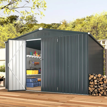 AECOJOY 10' x 14' Outdoor Storage Shed with Lockable Door Patio Metal Garden Storage Building in Dark Gray for Outside