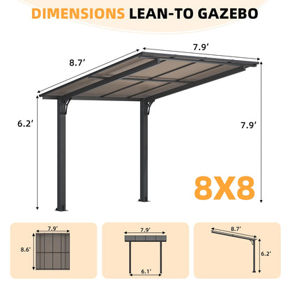AECOJOY 8'x8' Gazebo, Outdoor Wall Mounted Hardtop Gazebo & Pergola with Aluminum Frame for Patio, Porch and Backyard in Black