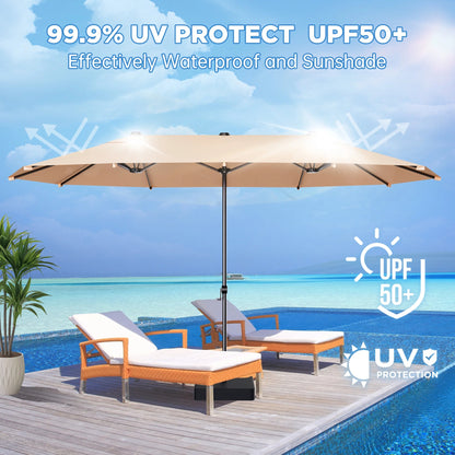 15ft Large Patio Umbrella with Base Included, Outdoor Double-Side Rectangular Umbrella for Deck, Market, Ourside, Beige