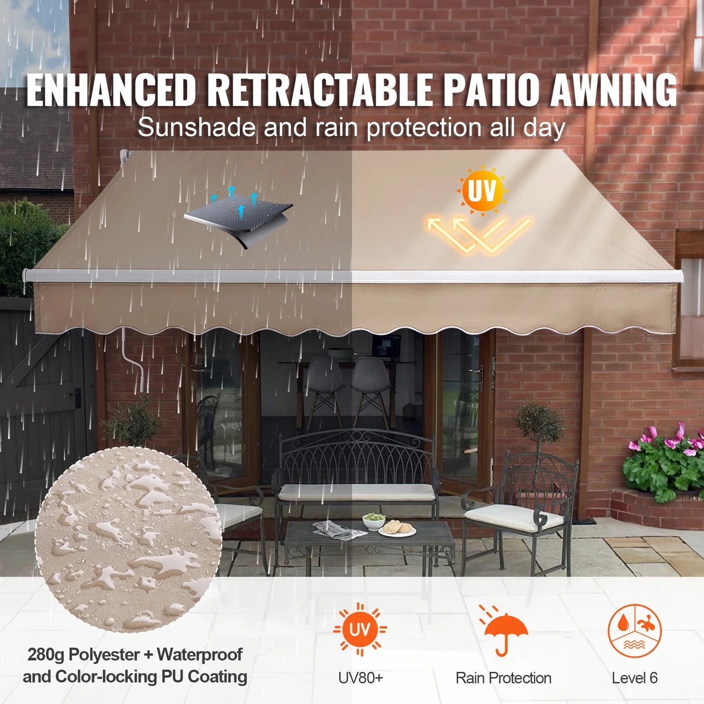 KFFKFF Patio Awning Retractable 12'x10' Awning Sunshade Shelter with Crank Handle