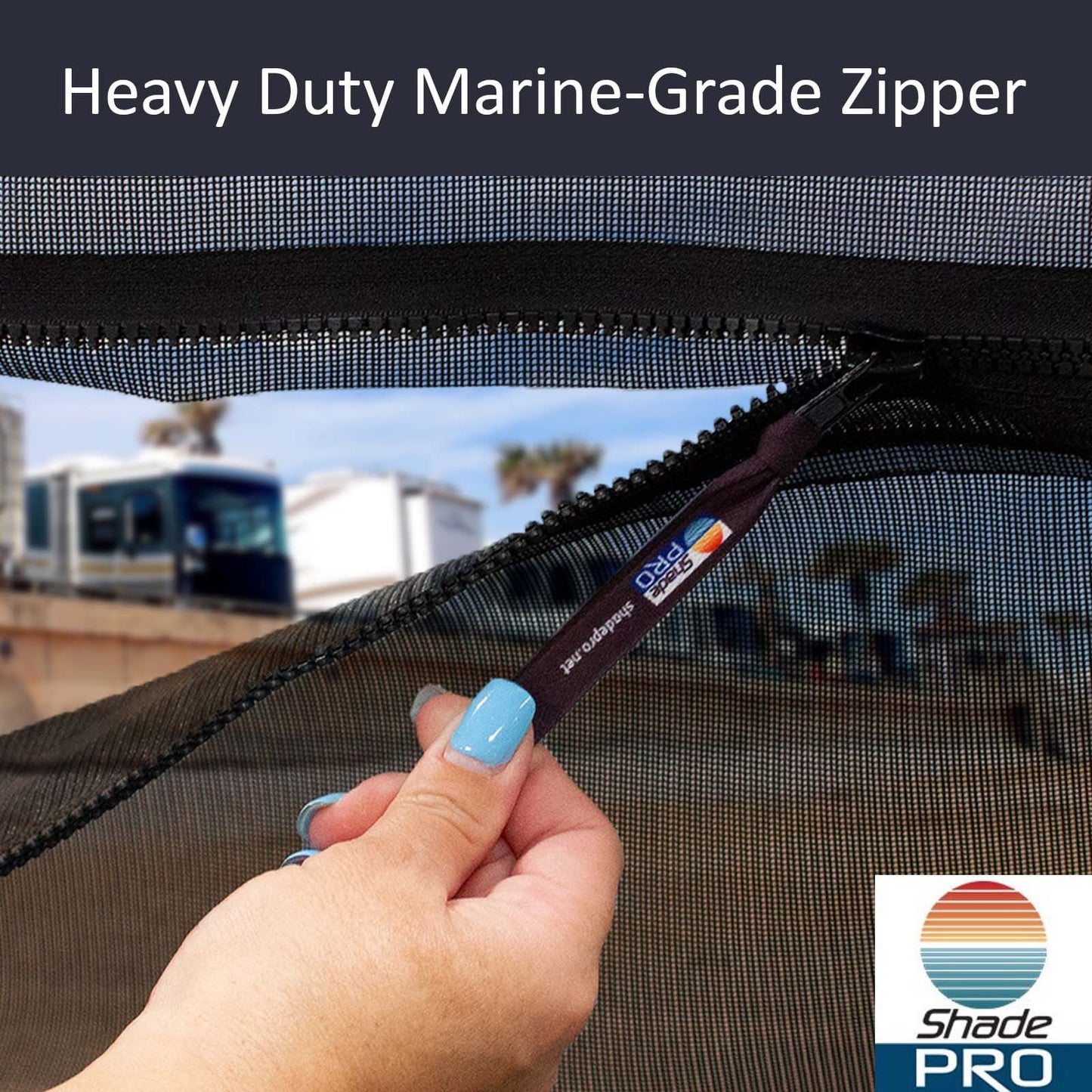 Shade Pro - Vista Shade - Solar Mesh Sunscreen for 12V Electric RV Awning - Zipper Sun Shade Blocks 85% of Light Without Blocking Your View - Fits Vertical Arm Style Awnings 13' Brown, 7' Drop