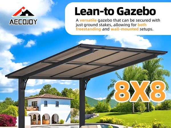AECOJOY 8'x8' Gazebo, Outdoor Wall Mounted Hardtop Gazebo & Pergola with Aluminum Frame for Patio, Porch and Backyard in Black