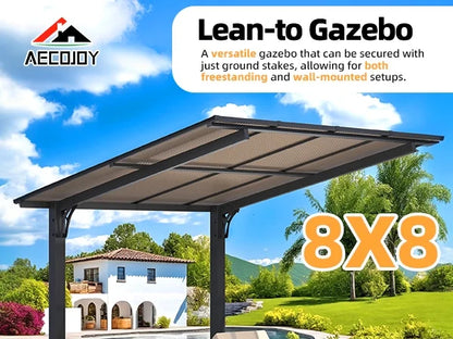 AECOJOY 8'x8' Gazebo, Outdoor Wall Mounted Hardtop Gazebo & Pergola with Aluminum Frame for Patio, Porch and Backyard in Black