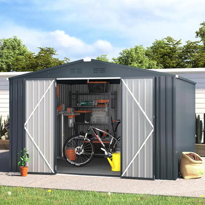 AECOJOY 10' x 14' Outdoor Storage Shed with Lockable Door Patio Metal Garden Storage Building in Dark Gray for Outside