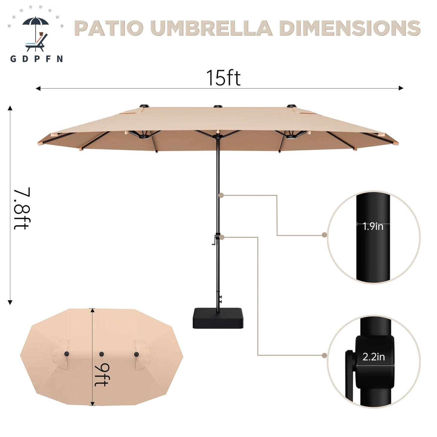 15ft Large Patio Umbrella with Base Included, Outdoor Double-Side Rectangular Umbrella for Deck, Market, Ourside, Beige