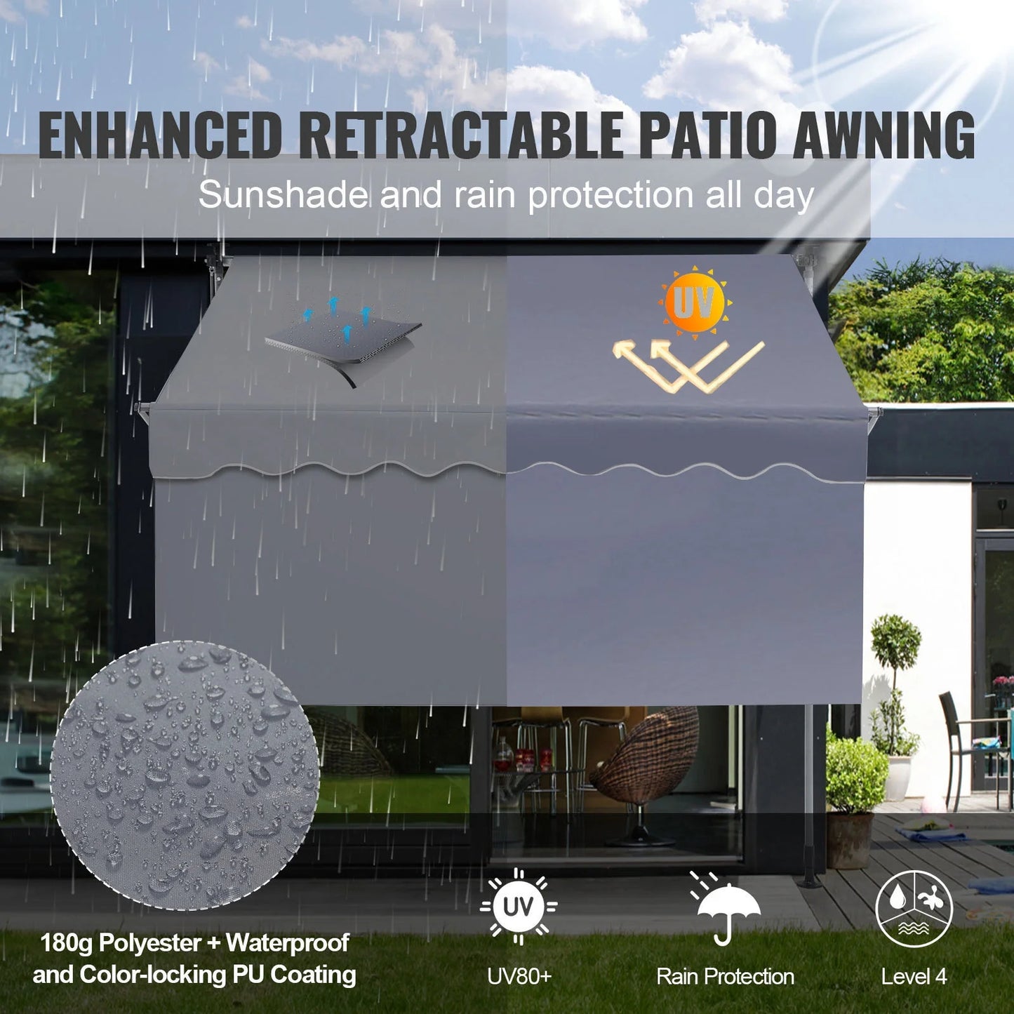 KFFKFF Patio Awning Retractable 9.8'x3.9' Awning Sunshade Shelter 86"-122" Height