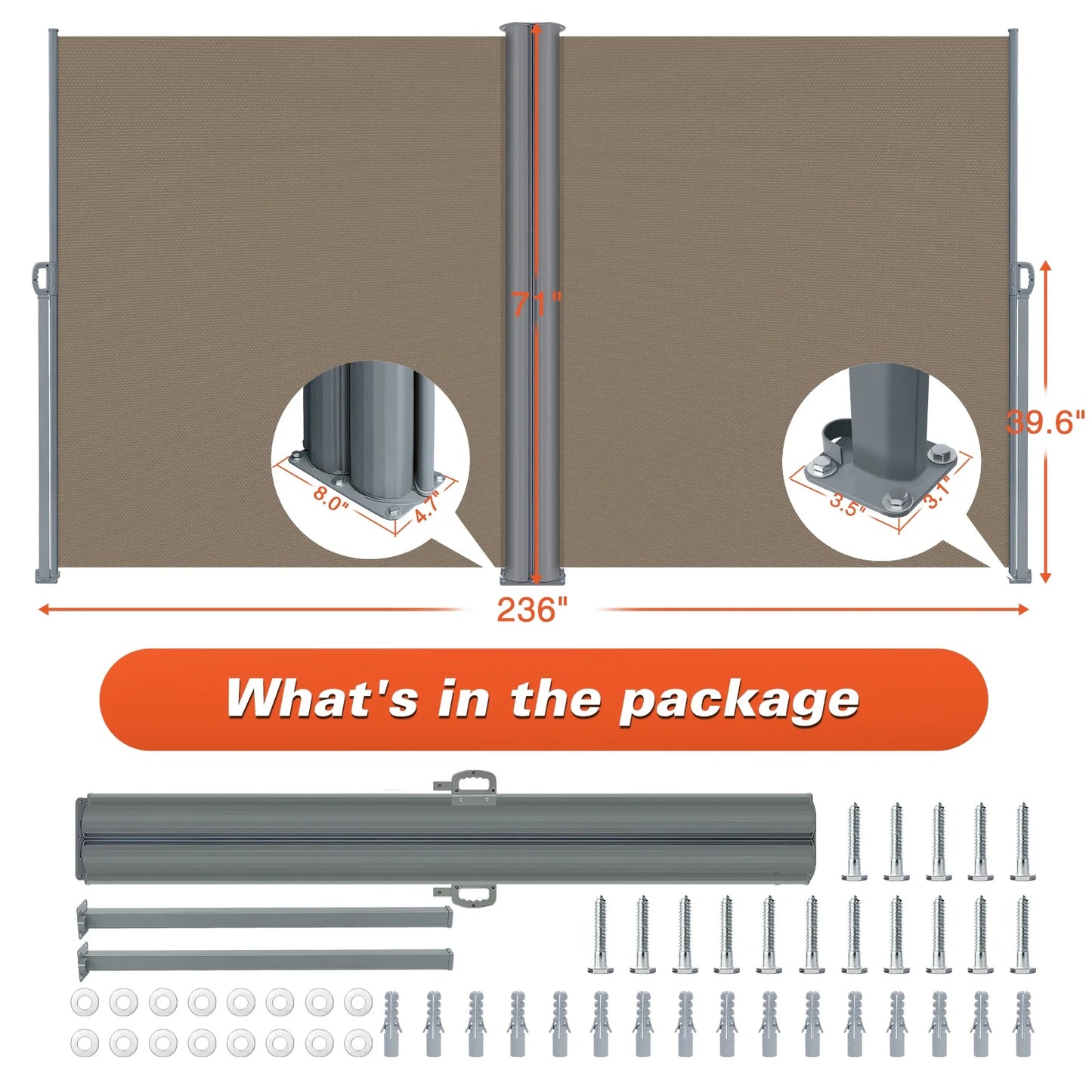 NAWAY 71'' x 236'' Retractable Side Awning, 280 GSM Retractable Folding Privacy Screen Waterproof & UV-Resistant Privacy Awning for Outdoor-Light Brown