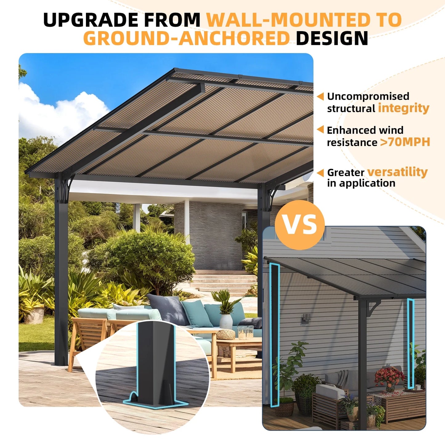AECOJOY 10'x10' Gazebo, Outdoor Wall Mounted Hardtop Gazebo & Pergola with Aluminum Frame for Patio, Porch and Backyard in Black