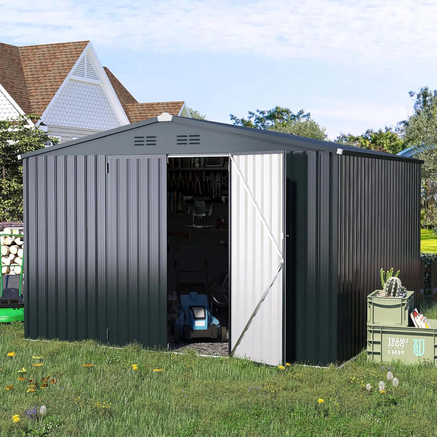 AECOJOY 10' x 14' Outdoor Storage Shed with Lockable Door Patio Metal Garden Storage Building in Dark Gray for Outside