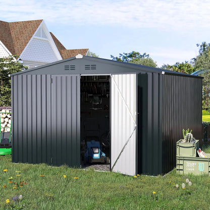AECOJOY 10' x 14' Outdoor Storage Shed with Lockable Door Patio Metal Garden Storage Building in Dark Gray for Outside