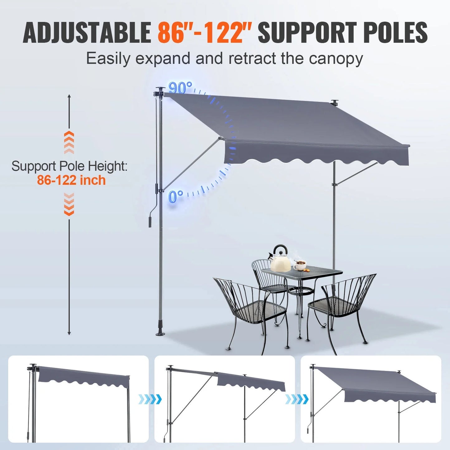 KFFKFF Patio Awning Retractable 9.8'x3.9' Awning Sunshade Shelter 86"-122" Height