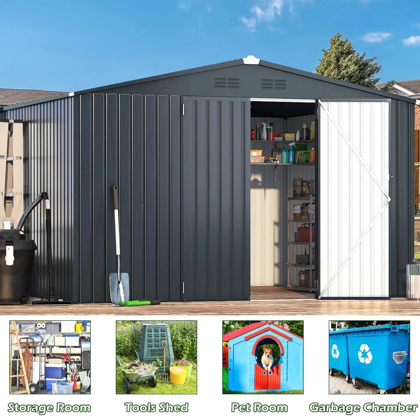 AECOJOY 10' x 14' Outdoor Storage Shed with Lockable Door Patio Metal Garden Storage Building in Dark Gray for Outside