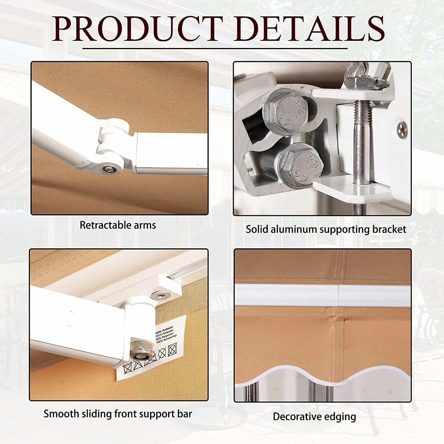 BETISEF 10' x 8' Patio Retractable Awning Outdoor Sun Shade Shelter Canopy Water UV/Heat Resistant with Crank Handle for Deck