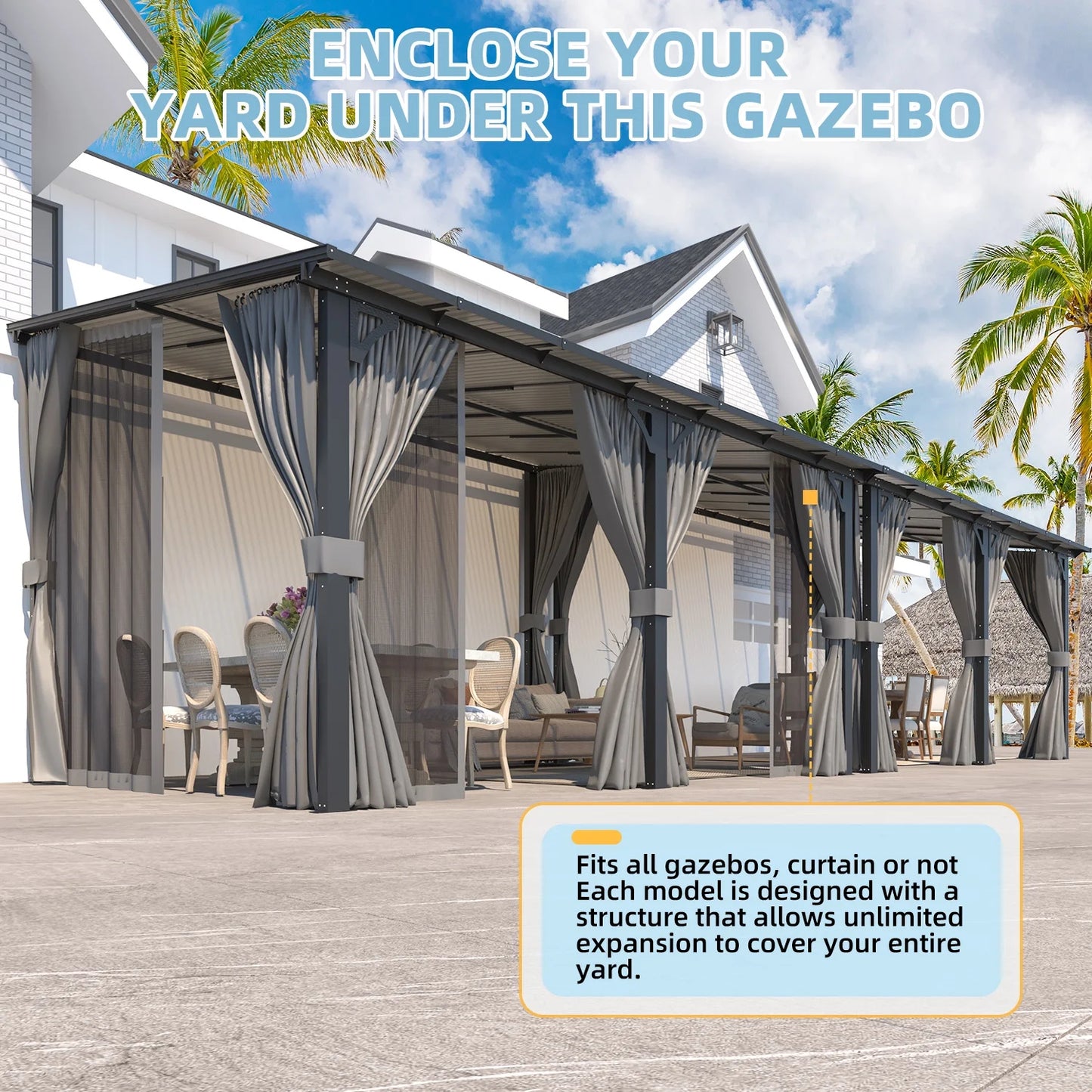 AECOJOY 14' x 10' Lean to Gazebo with Netting and Curtain Outdoor Hardtop Gazebo Aluminum Metal Pergola For Garden, Patio, Backyard-Dark Gray