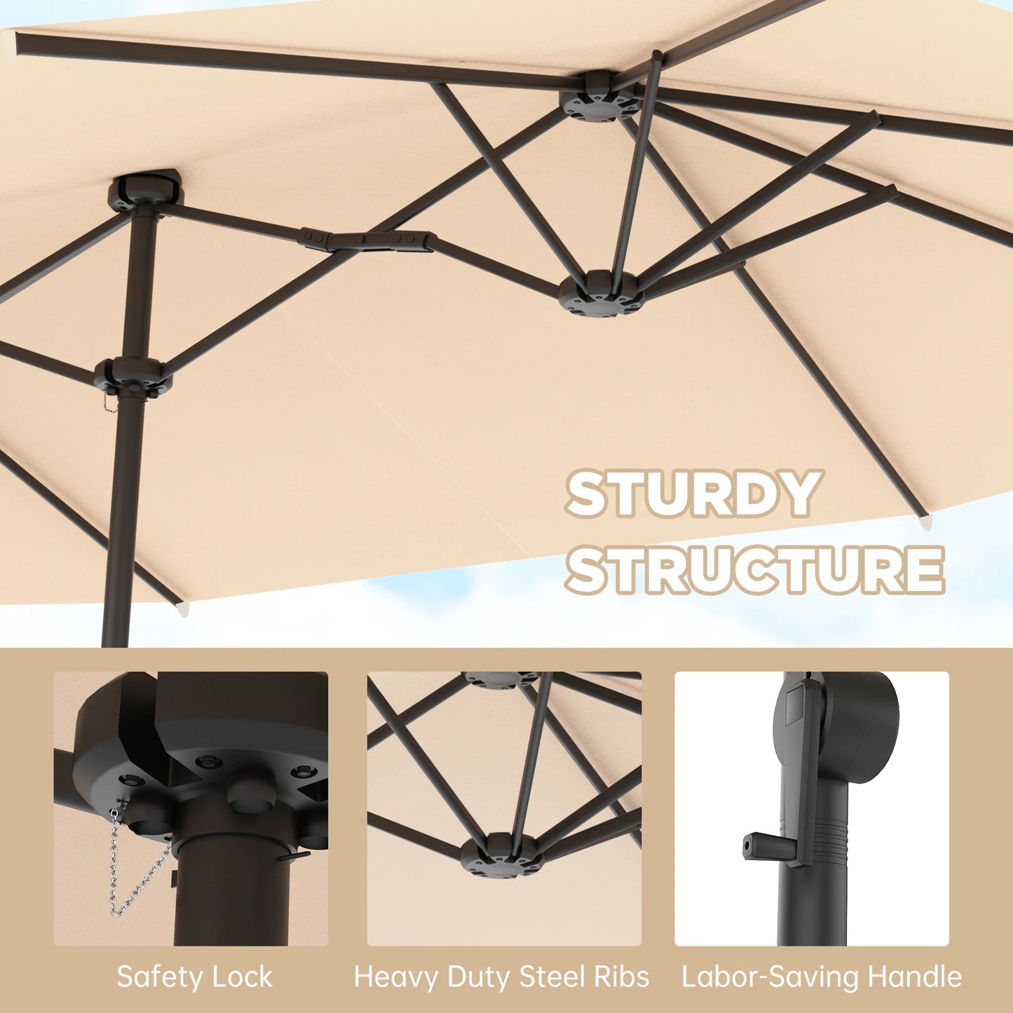 15ft Large Patio Umbrella with Base Included, Outdoor Double-Side Rectangular Umbrella for Deck, Market, Ourside, Beige