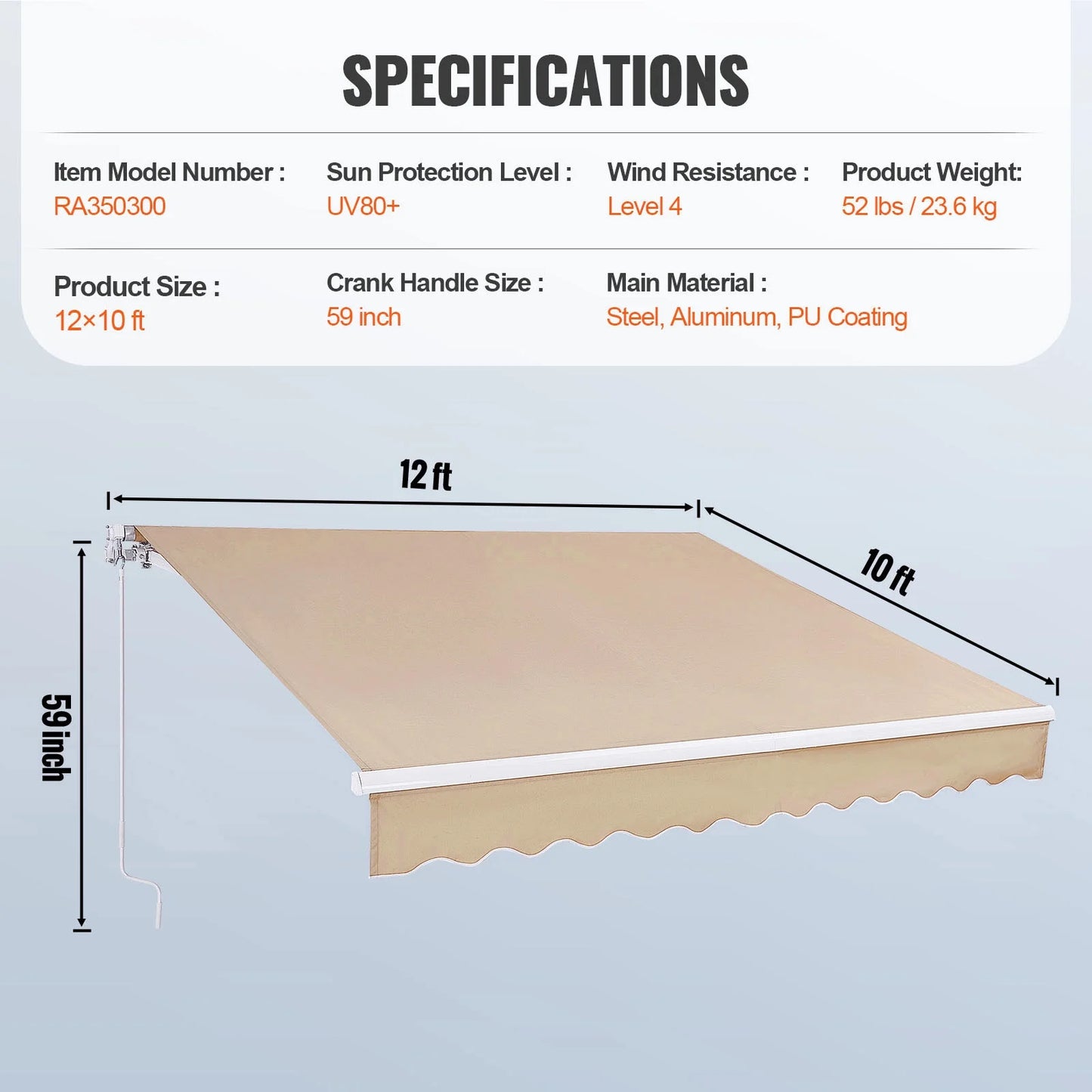 KFFKFF Patio Awning Retractable 12'x10' Awning Sunshade Shelter with Crank Handle